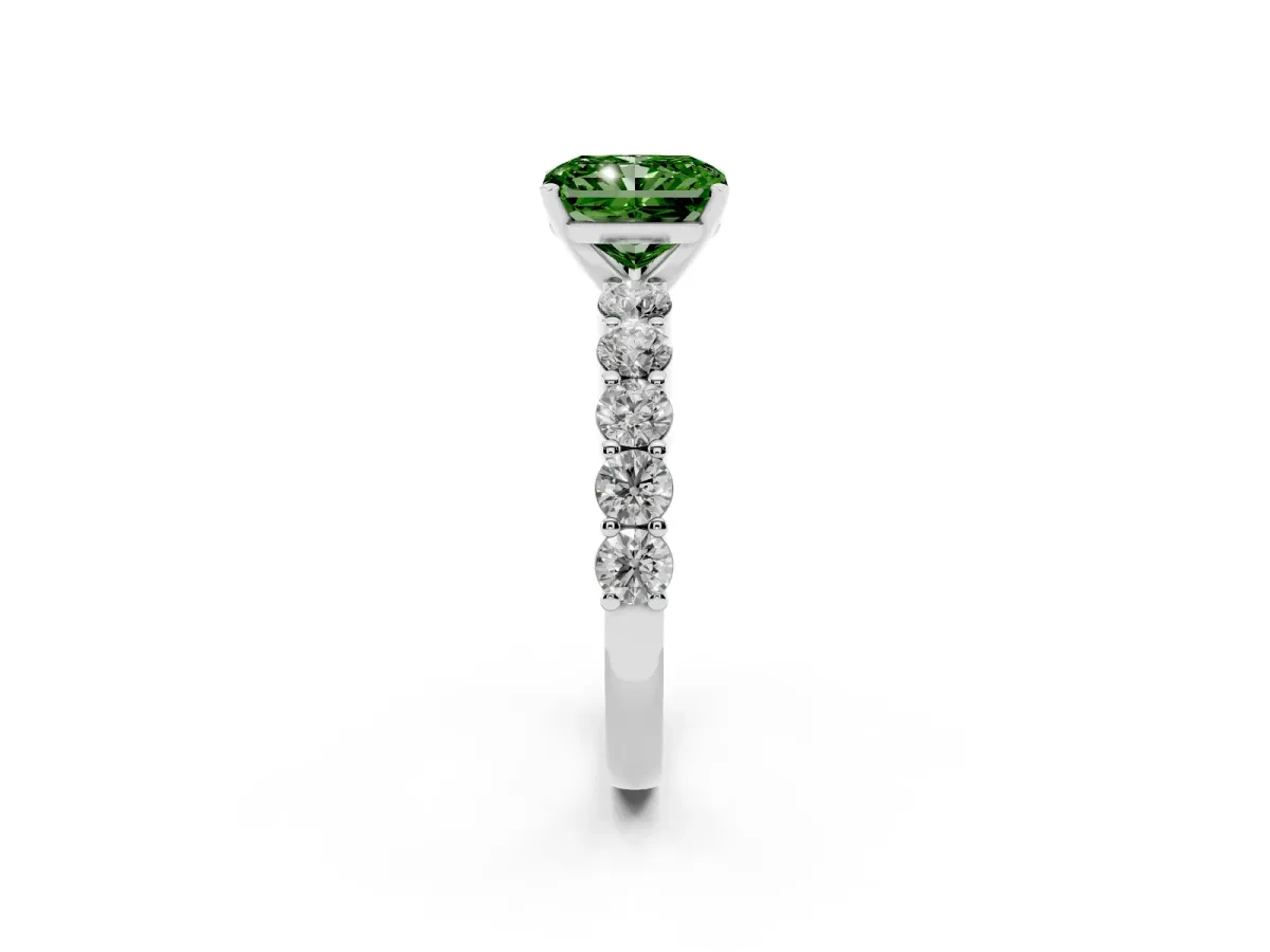 Fancy Green Radiant Cut Diamond Solitaire Ring with Shared Prong Round Side Stones Silver