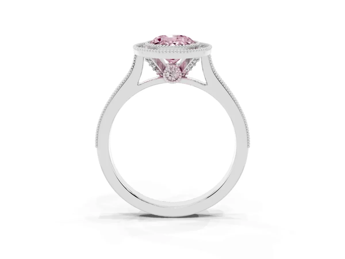Fancy Pink Halo Oval Cut-Cut Diamond Pave Band Milgrain Prong Setting Ring Silver