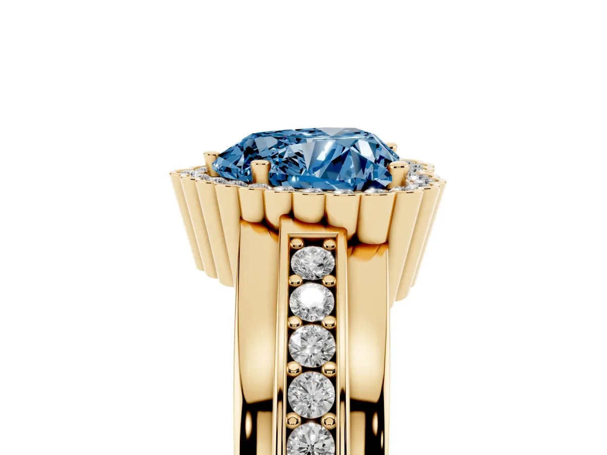 Fancy Blue Heart Cut Cut Halo Pave Band Four-Prong Ring Yellow gold