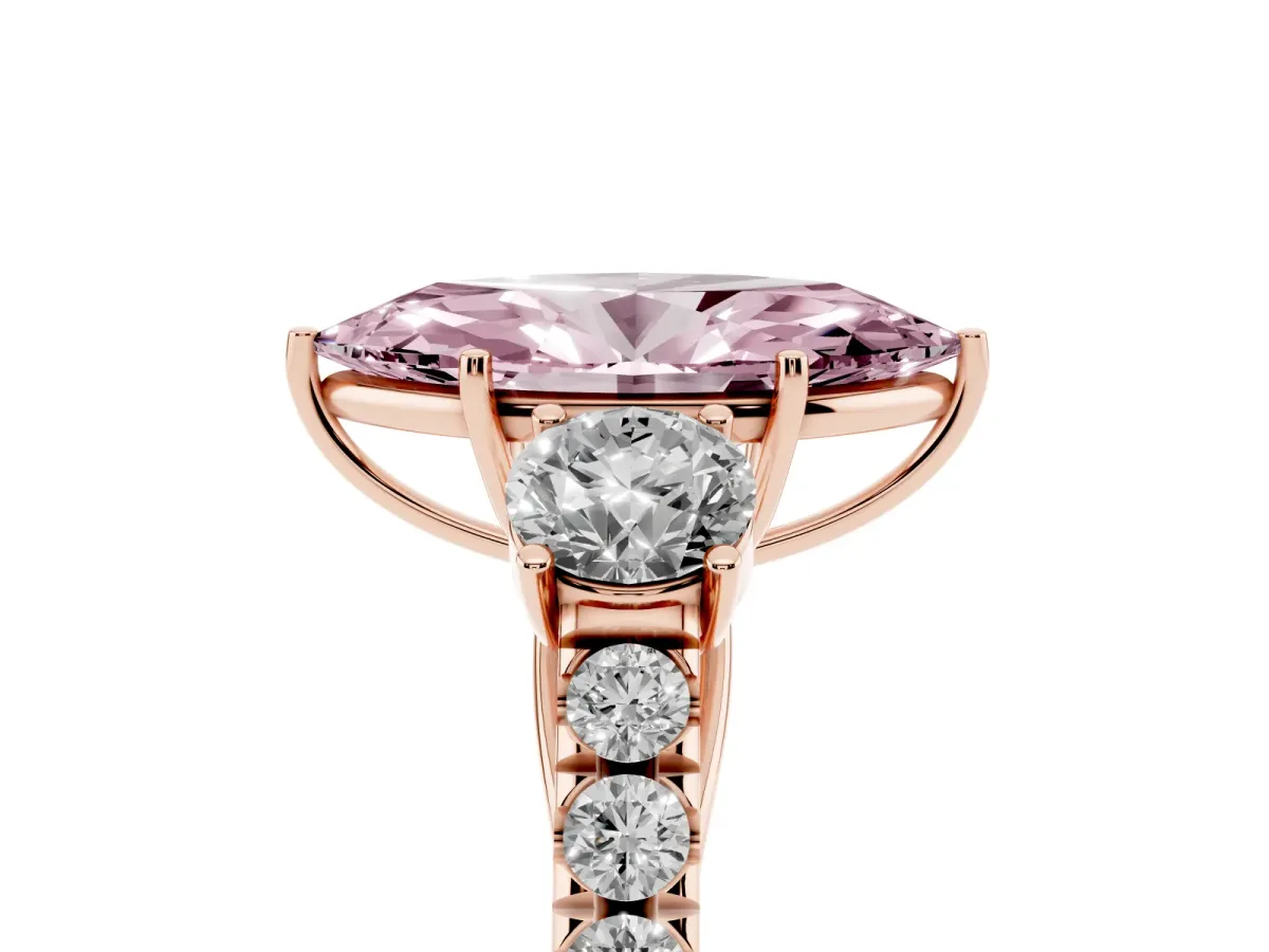 Fancy Pink Marquise Cut Cut Diamond Three-Stone Ring with Round Side Stones and Pavé Band Rose gold