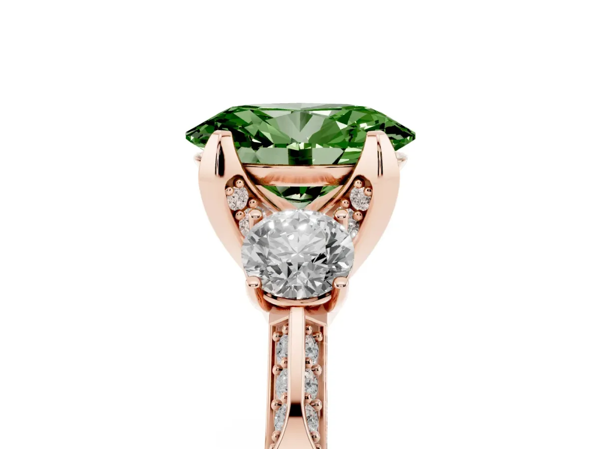 Fancy Green Oval Cut Brilliant Three-Stone Diamond Ring with Pavé Band and Four-Prong Setting Rose gold