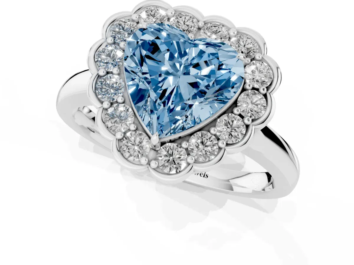 Fancy Blue Heart Cut Halo Cluster Diamond Engagement Ring with Solitaire Band and Prong Setting Platinum