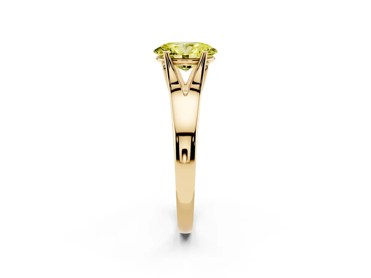Fancy Yellow Oval Cut Solitaire Diamond Ring with Cathedral Band and Four-Prong Setting Yellow gold
