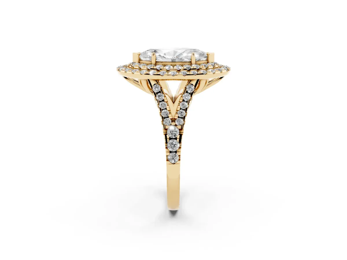 Double Halo Marquise Cut Diamond Pavé Split Shank Ring with Prong Setting Yellow gold
