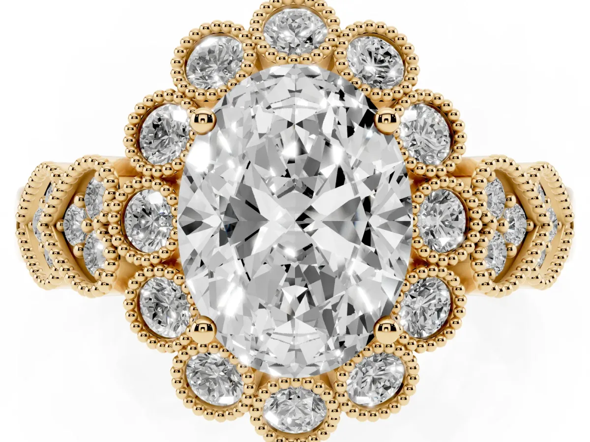 Oval Cut Brilliant Milgrain Pave Heart Band Solitaire Ring Yellow gold