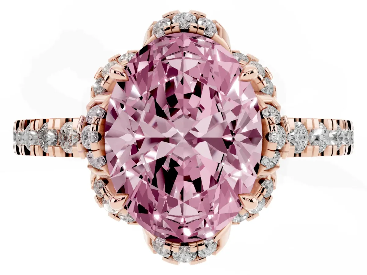 Fancy Pink Oval Cut Diamond Halo Pave Band with Four-Prong Setting Rose gold