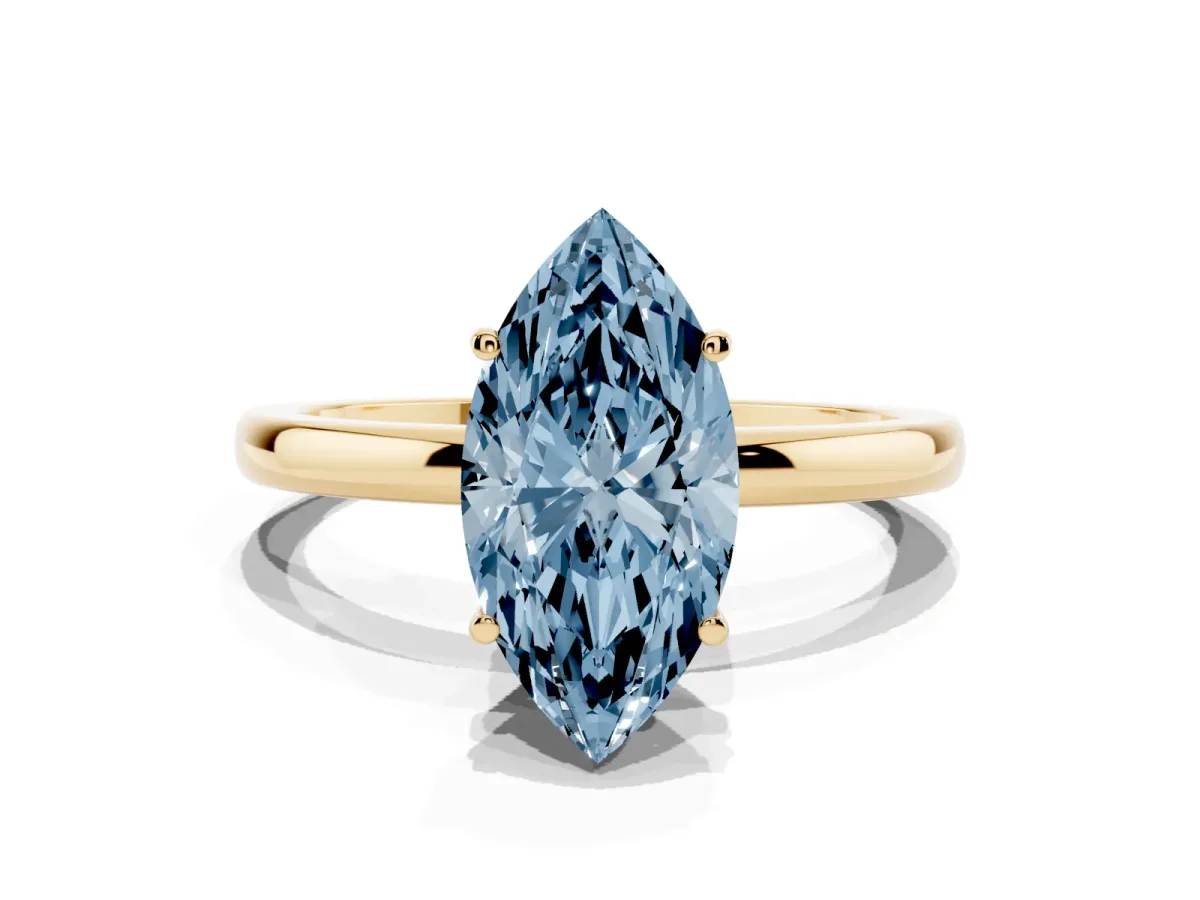 Fancy Blue Marquise Cut Solitaire Diamond Ring with Prong Setting and Plain Band Yellow gold