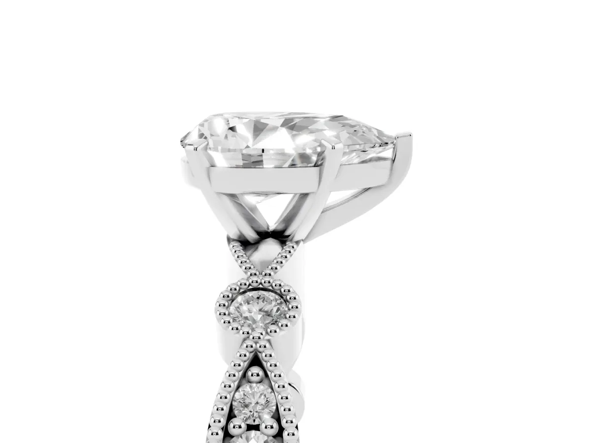 Pear Cut Milgrain Bezel Diamond Engagement Ring with Solitaire Prong Setting Silver