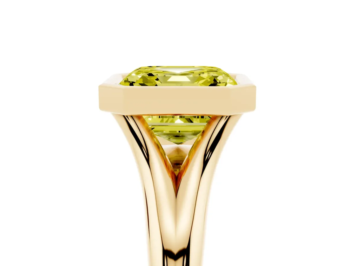Fancy Yellow Bezel Set Asscher Cut Solitaire Diamond Ring with Smooth Band Yellow gold
