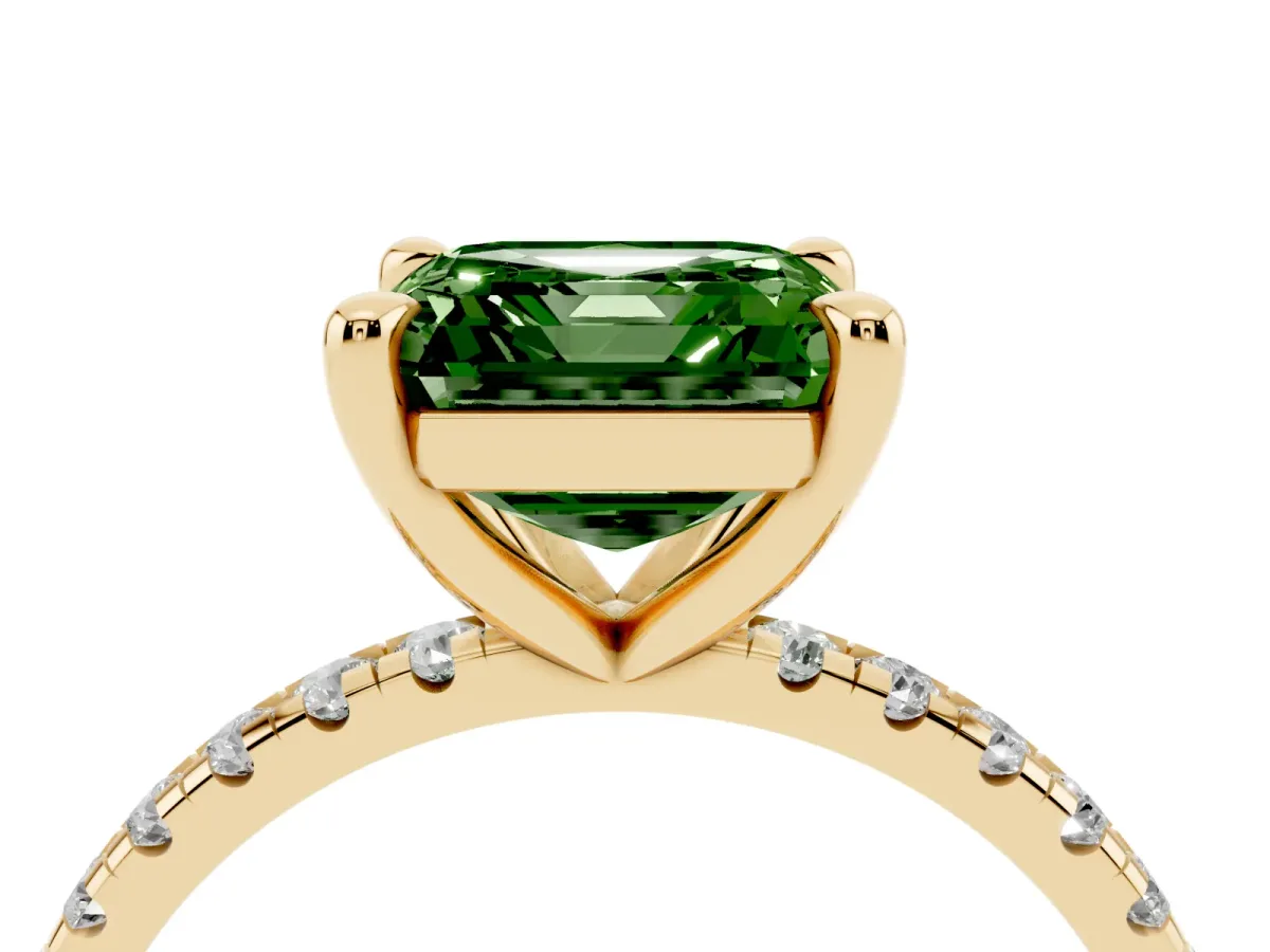 Fancy Green Asscher Cut Diamond Brilliant Solitaire Ring with Pavé Band and Four-Prong Setting Yellow gold