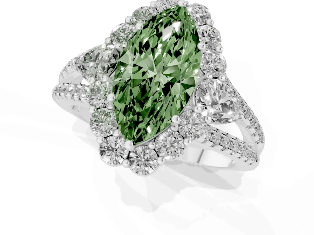 Fancy Green Marquise Cut Halo Split Shank Diamond Engagement Ring with Prong Setting Platinum