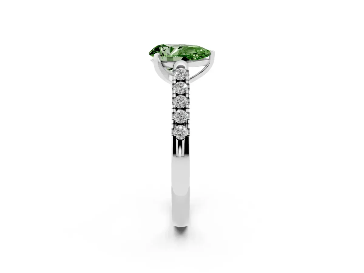 Fancy Green Pear Cut Diamond Pavé Band Solitaire Ring with Prong Setting Platinum