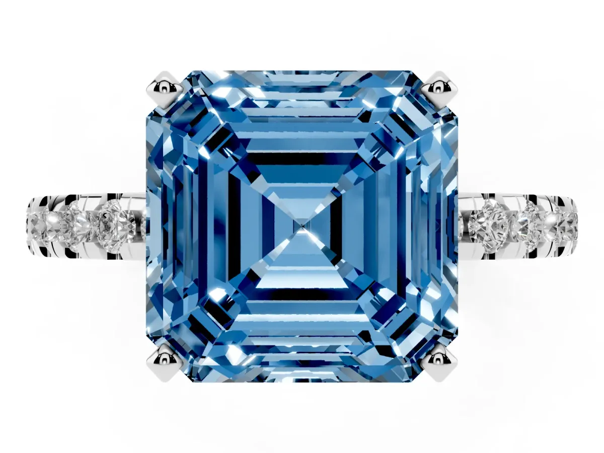 Fancy Blue Asscher Cut Diamond Solitaire Ring with Round Pavé Band and Four-Prong Setting Silver