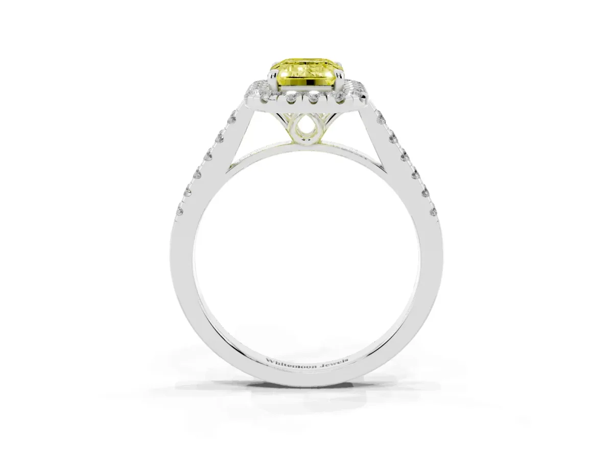 Fancy Yellow Emerald Cut Halo Pavé Diamond Engagement Ring with Four-Prong Setting Silver