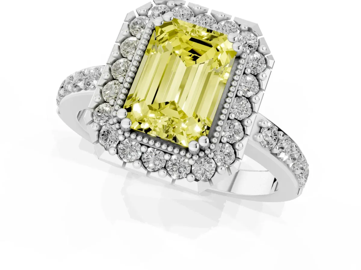 Fancy Yellow Emerald Cut Diamond Halo Ring with Pavé Band and Prong Setting Platinum