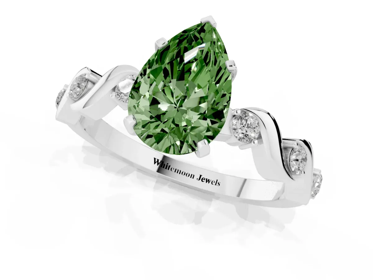 Fancy Green Pear Cut Diamond Solitaire Twisted Band with Round Accents and Prong Setting Platinum