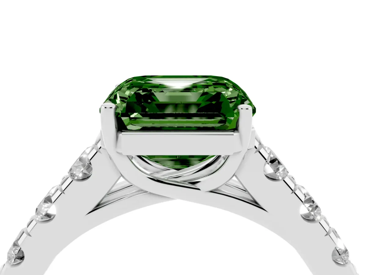 Fancy Green Asscher Cut Cut Diamond Solitaire Ring with Micro Pave Band and Prong Setting Silver