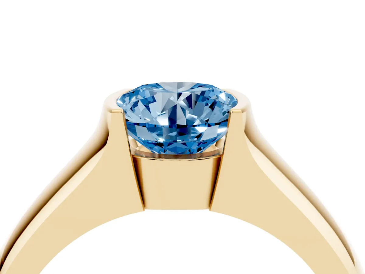 Fancy Blue Round Cut Solitaire Bezel Set Diamond Ring with Wide Band Yellow gold