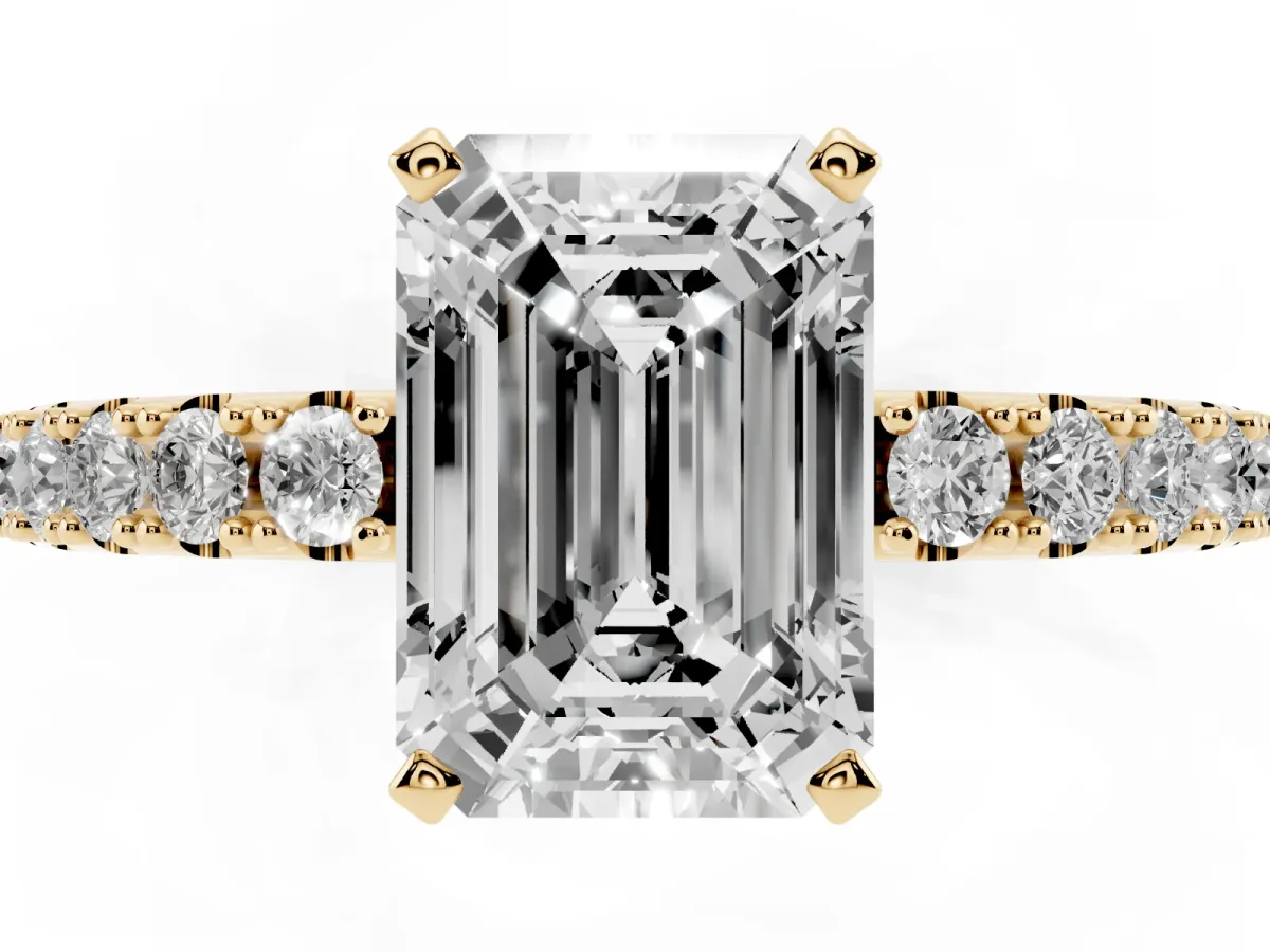 Emerald Cut Diamond Solitaire Pavé Band with Four-Prong Setting Yellow gold