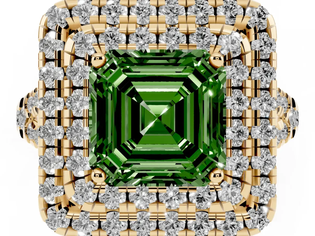 Fancy Green Double Halo Asscher Cut Diamond Pavé Split Shank Ring with Prong Setting Yellow gold