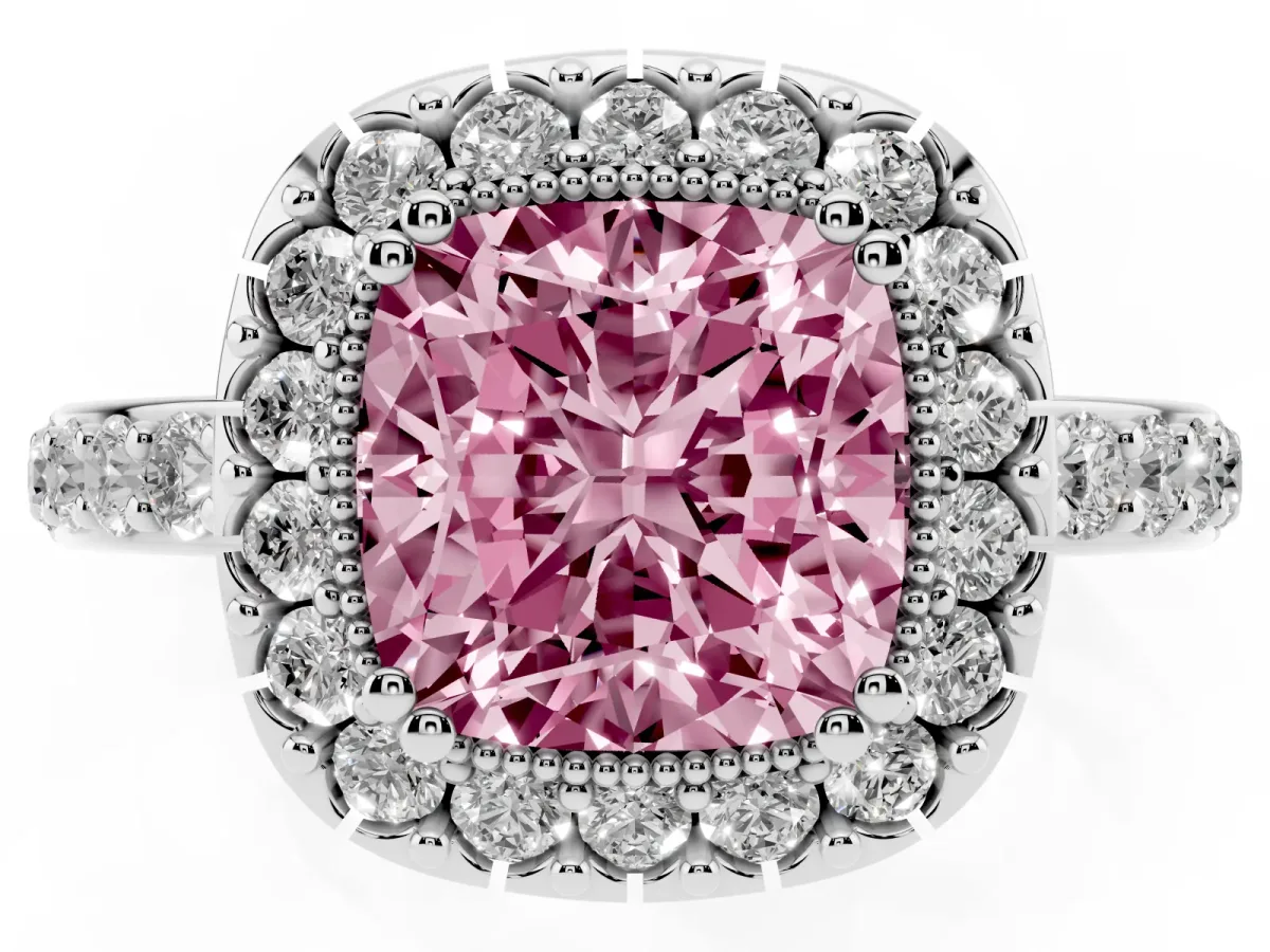 Fancy Pink Cushion Cut Diamond Halo Ring with Pavé Band and Prong Setting Silver
