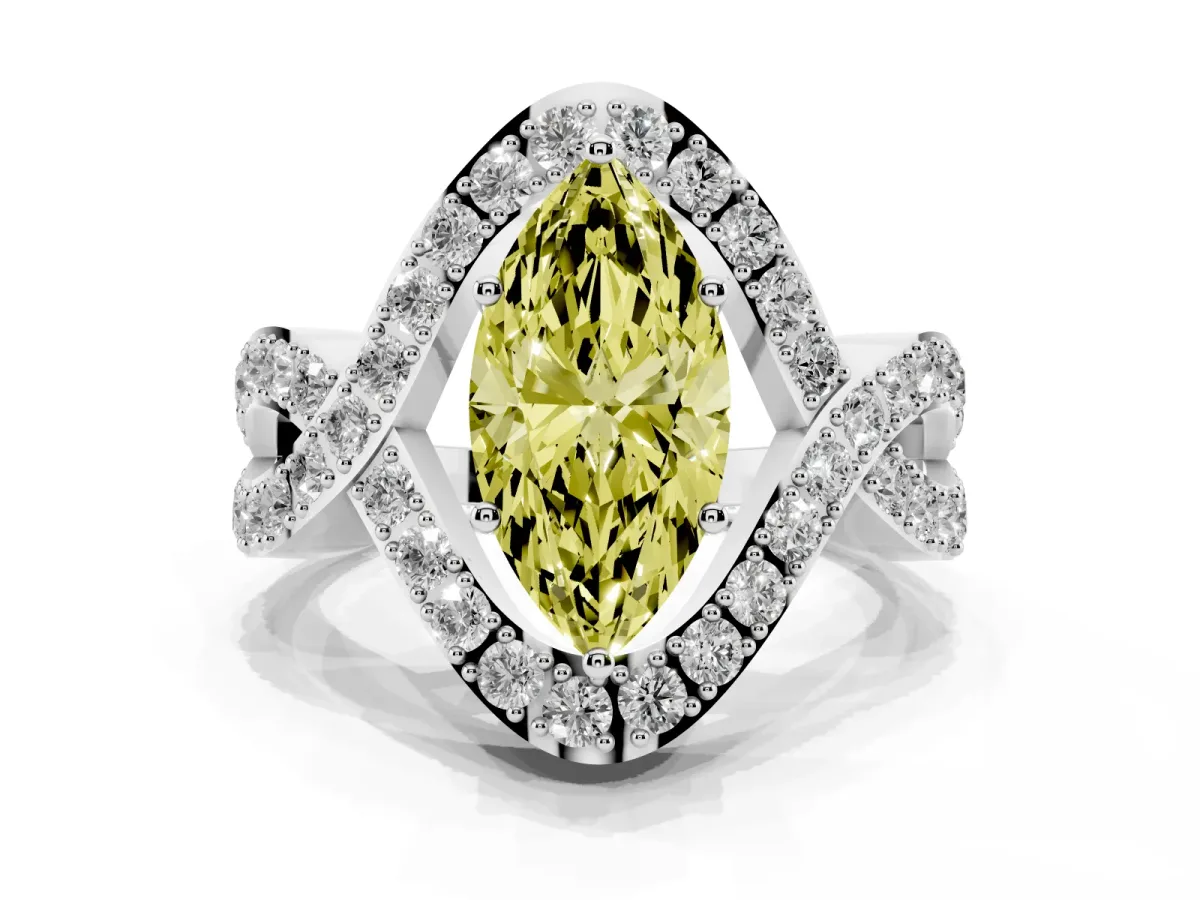Fancy Yellow Marquise Cut Solitaire Twist Band Pavé Diamond Engagement Ring Silver