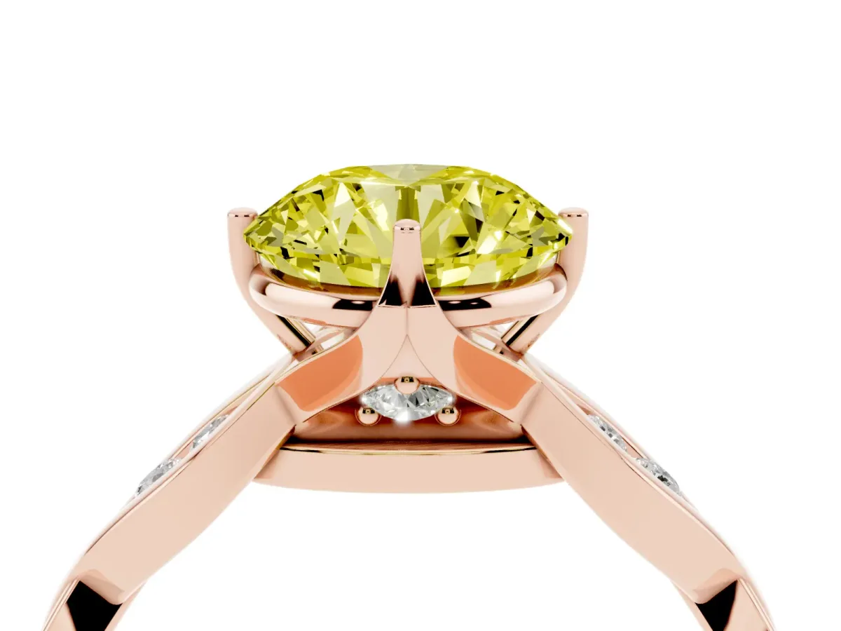 Fancy Yellow Round Cut Solitaire Twist Band with Leaf Prong Setting Rose gold