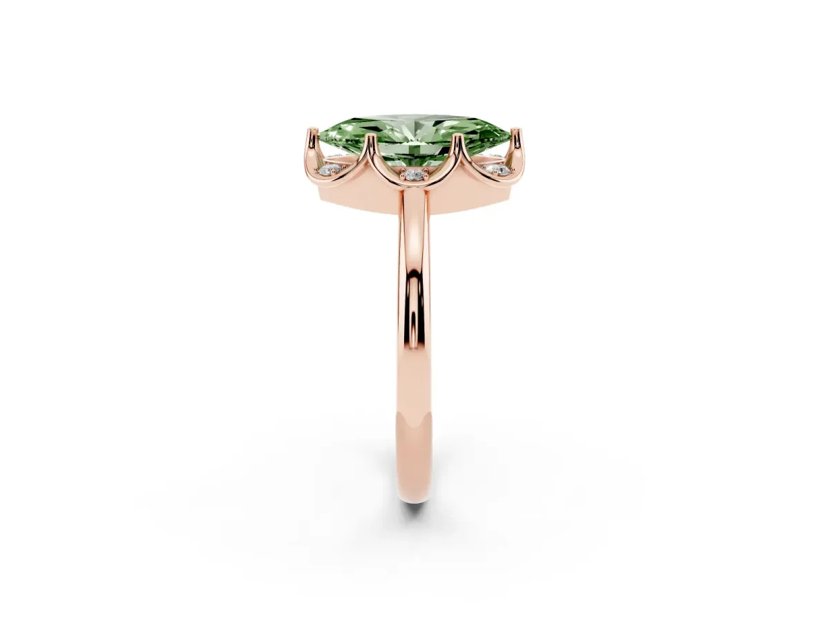 Fancy Green Marquise Cut Halo Diamond Ring with Round Cluster Setting, Solitaire Band, and Four-Prong Setting Rose gold