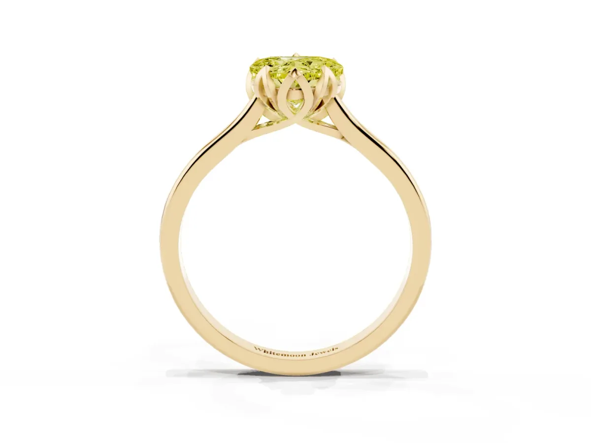 Fancy Yellow Heart Cut Diamond Solitaire Ring with Flower Prong Setting and Classic Band Yellow gold