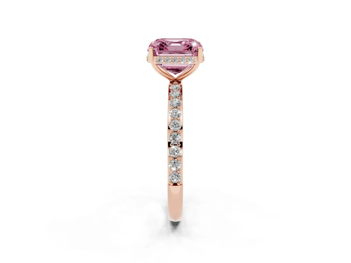 Fancy Pink Asscher Cut Diamond Solitaire Ring with Pavé Band and Hidden Halo Rose gold