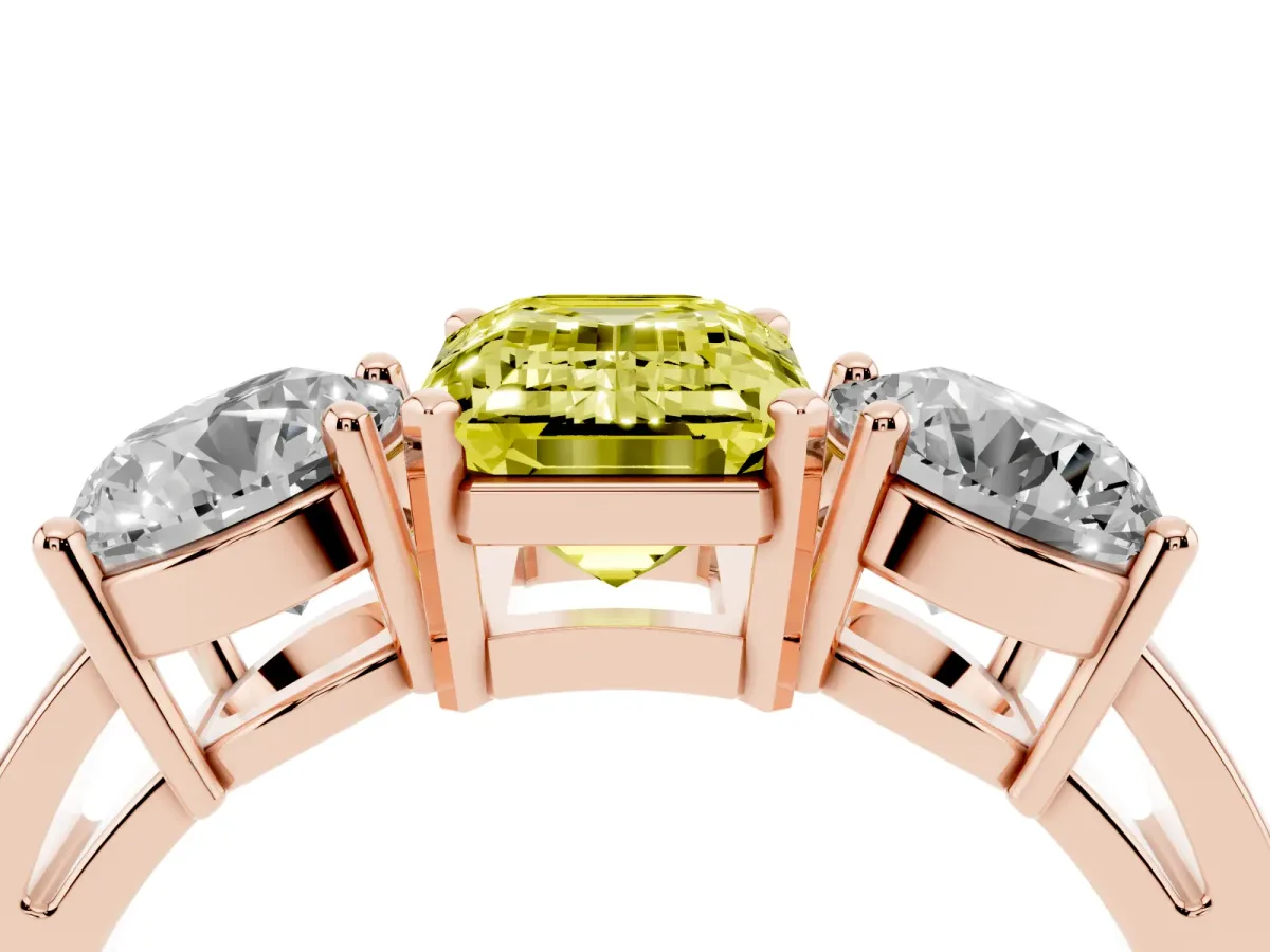 Fancy Yellow Three-Stone Emerald Cut Diamond Ring with Round Side Stones, Classic Band, and Four-Prong Setting Rose gold