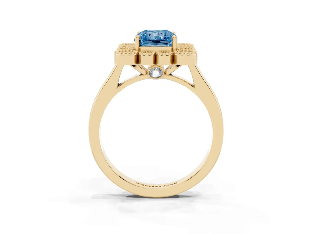 Fancy Blue Radiant Cut Halo Diamond Cluster Engagement Ring with Milgrain Bezel Setting and Solitaire Band Yellow gold