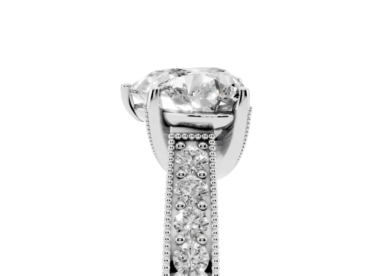 Heart Cut Cut Diamond Solitaire Ring with Milgrain Pave Band and Four Prong Setting Silver