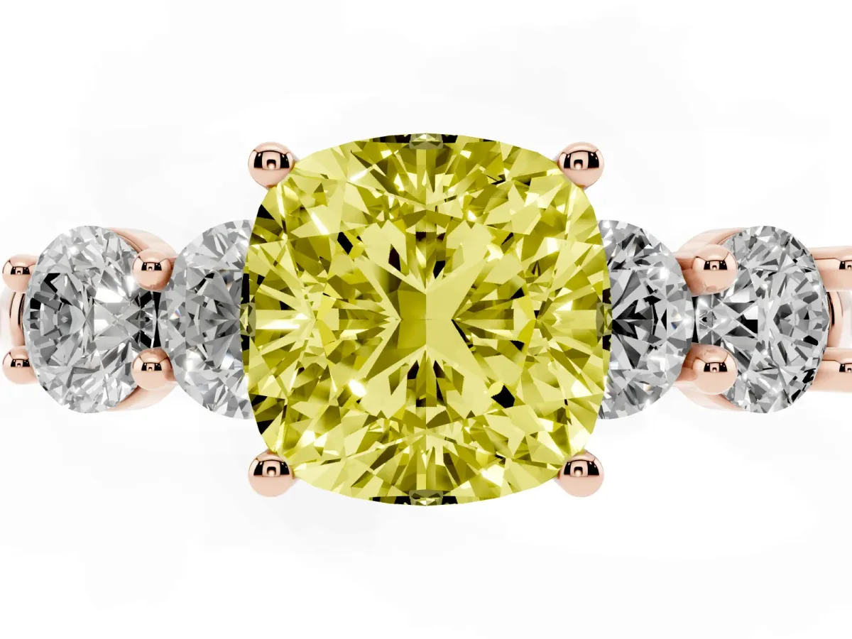 Fancy Yellow Cushion Cut Cut Five-Stone Prong Set Diamond Ring with Classic Band Rose gold