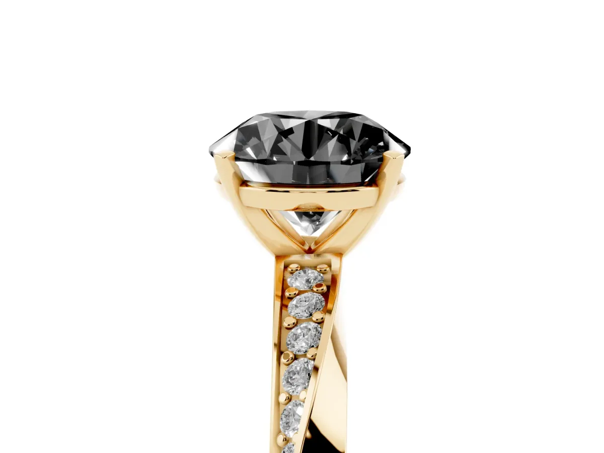 Fancy Black Round Cut Diamond Engagement Ring with Side Stone Accents and Four-Prong Setting Yellow gold