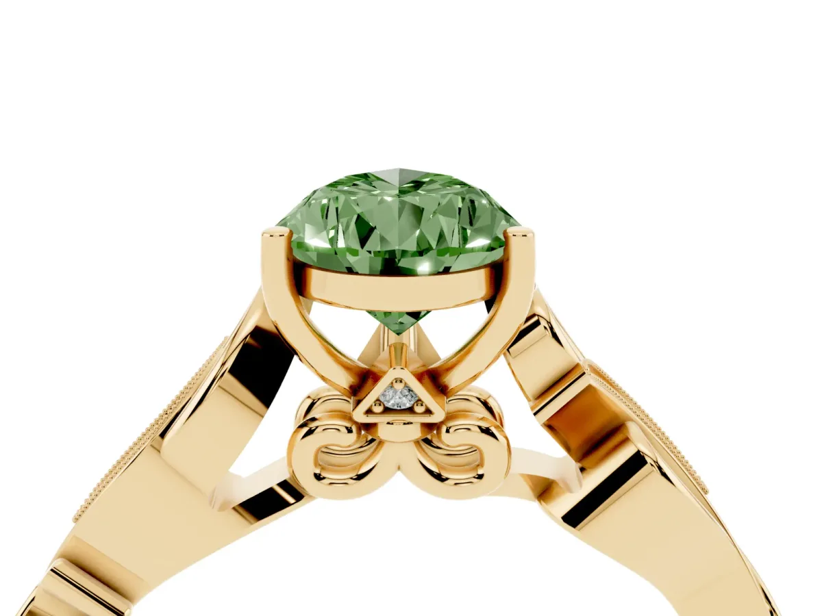 Fancy Green Pear Cut Solitaire Vine Band with Milgrain Prong Setting Yellow gold