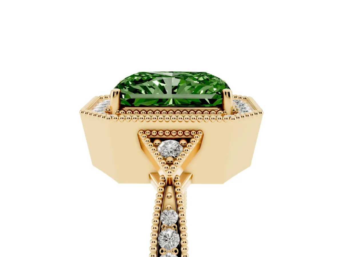 Fancy Green Radiant Cut Halo Round Diamond Milgrain Pave Engagement Ring Yellow gold