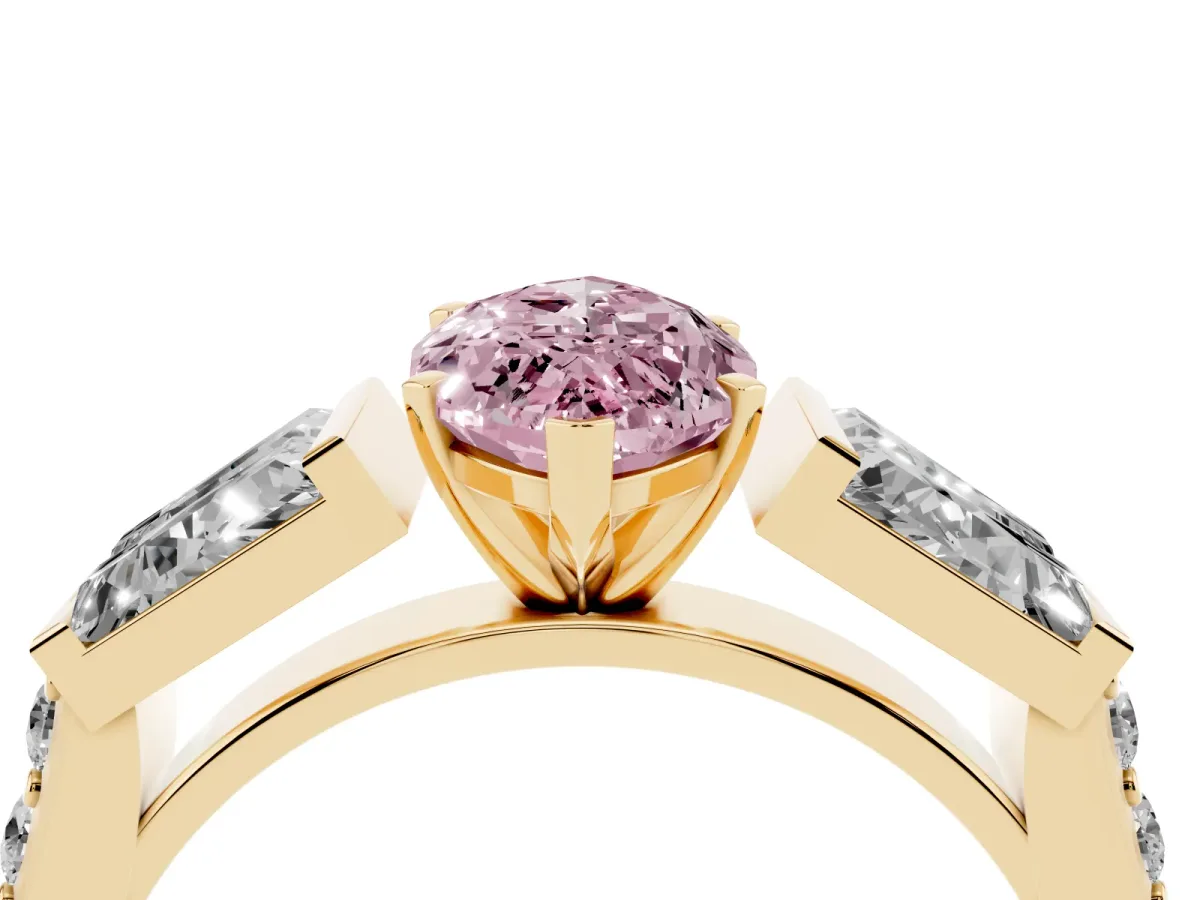 Fancy Pink Marquise Cut Diamond Engagement Ring with Baguette Side Stones and Channel Set Band Yellow gold