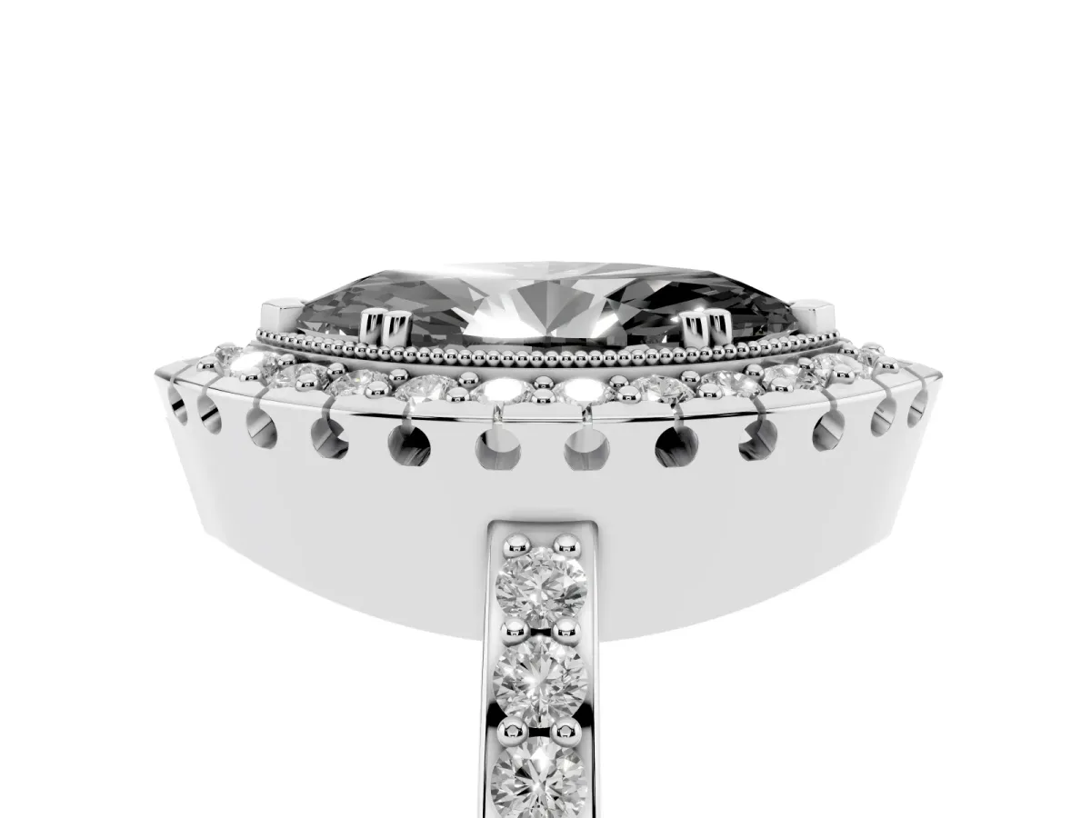 Fancy Black Marquise Cut Diamond Halo Ring with Pavé Band and Prong Setting Platinum