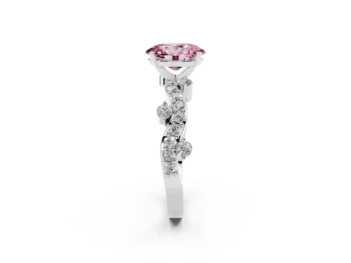 Fancy Pink Oval Cut Cut Solitaire Diamond Twisted Band with Pave Setting Silver