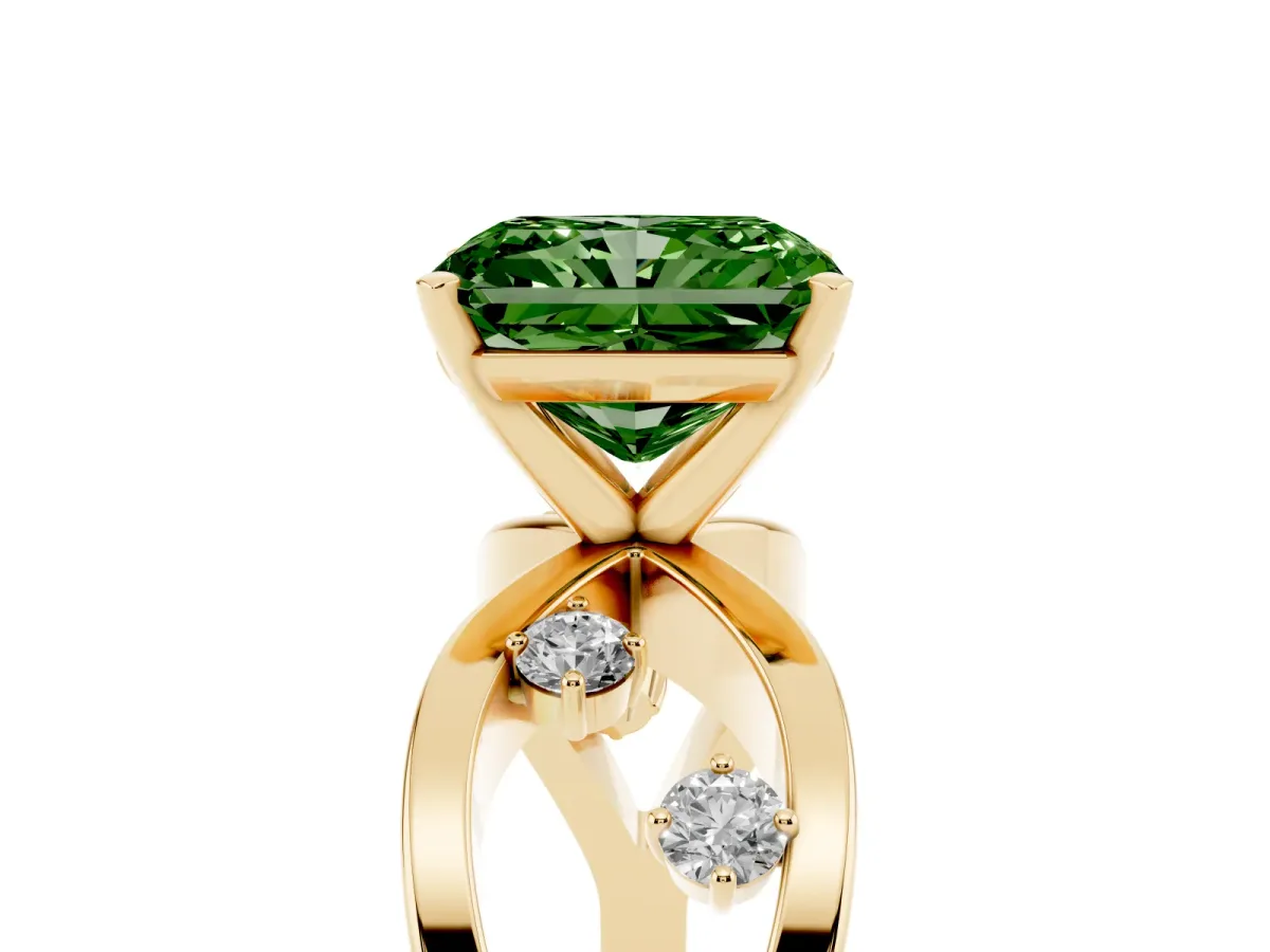 Fancy Green Radiant Cut Cut Solitaire Diamond with Side Stones on Criss-Cross Band and Four-Prong Setting Yellow gold
