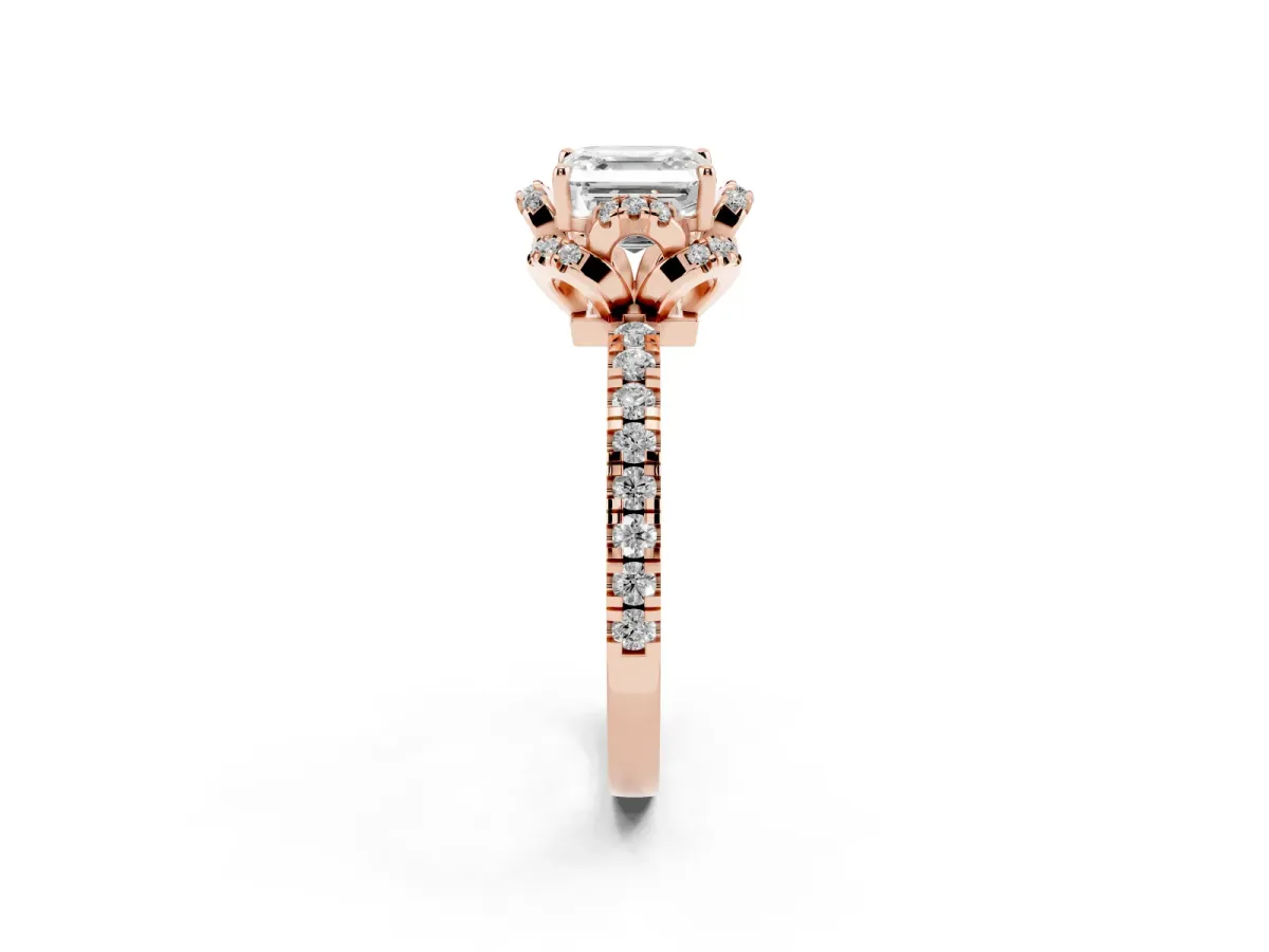 Asscher Cut Halo Diamond Pave Band Ring with Four-Prong Setting Rose gold