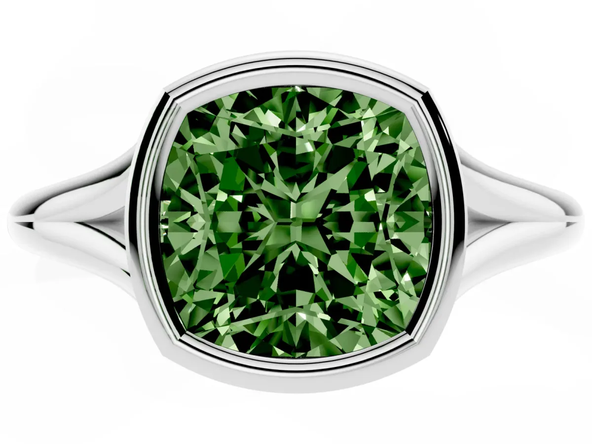 Fancy Green Bezel Set Cushion Cut Cut Solitaire Ring with Tapered Band Silver
