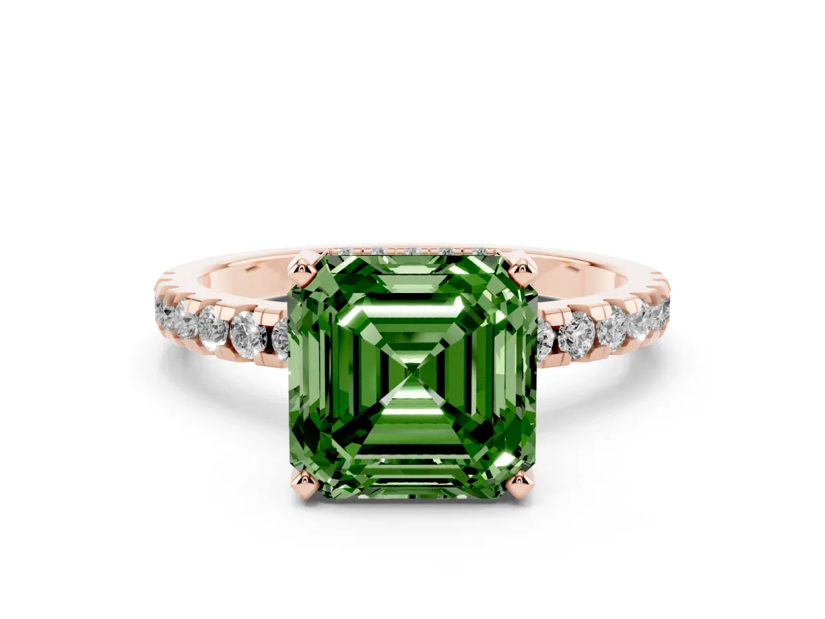Fancy Green Asscher Cut Diamond Solitaire Ring with Round Pavé Band and Four-Prong Setting Rose gold