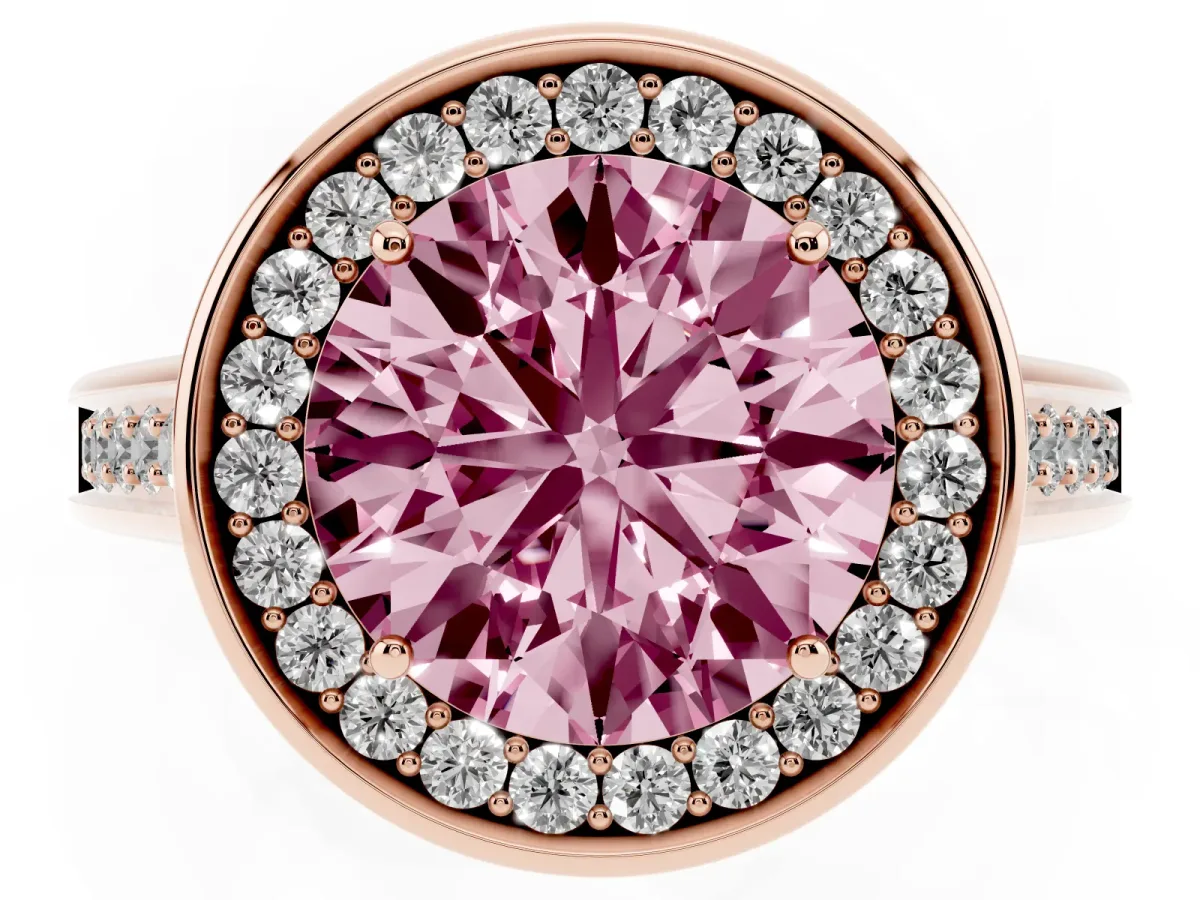 Fancy Pink Round Cut Halo Solitaire Diamond Ring with Pave Band and Bezel Setting Rose gold