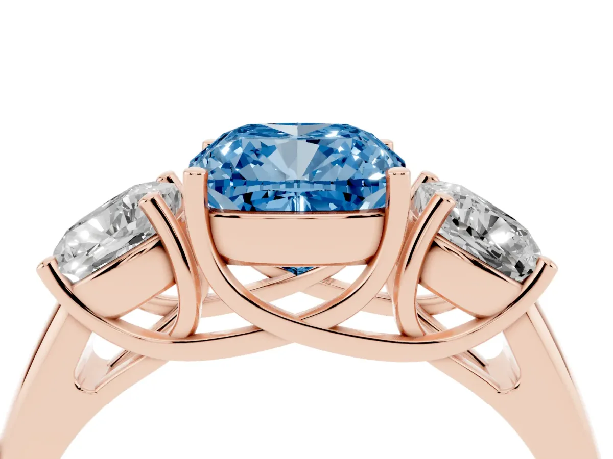 Fancy Blue Three-Stone Cushion Cut Diamond Engagement Ring with Prong Setting Rose gold