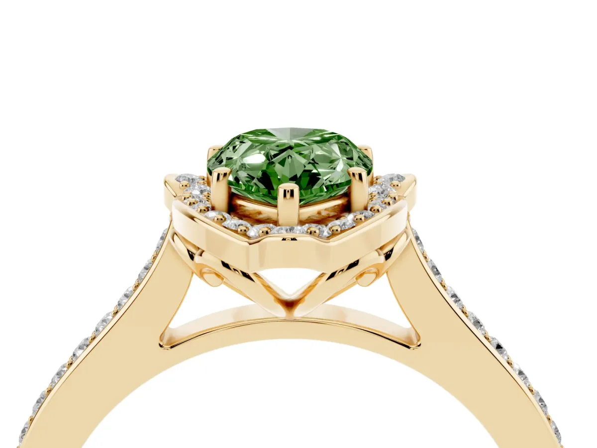 Fancy Green Pear Cut Halo Round Diamond Pave Band with Four-Prong Setting Yellow gold