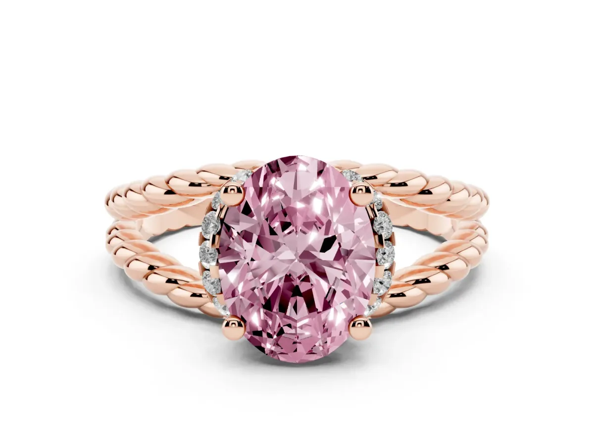 Fancy Pink Oval Cut Halo Twisted Band Four-Prong Ring Rose gold