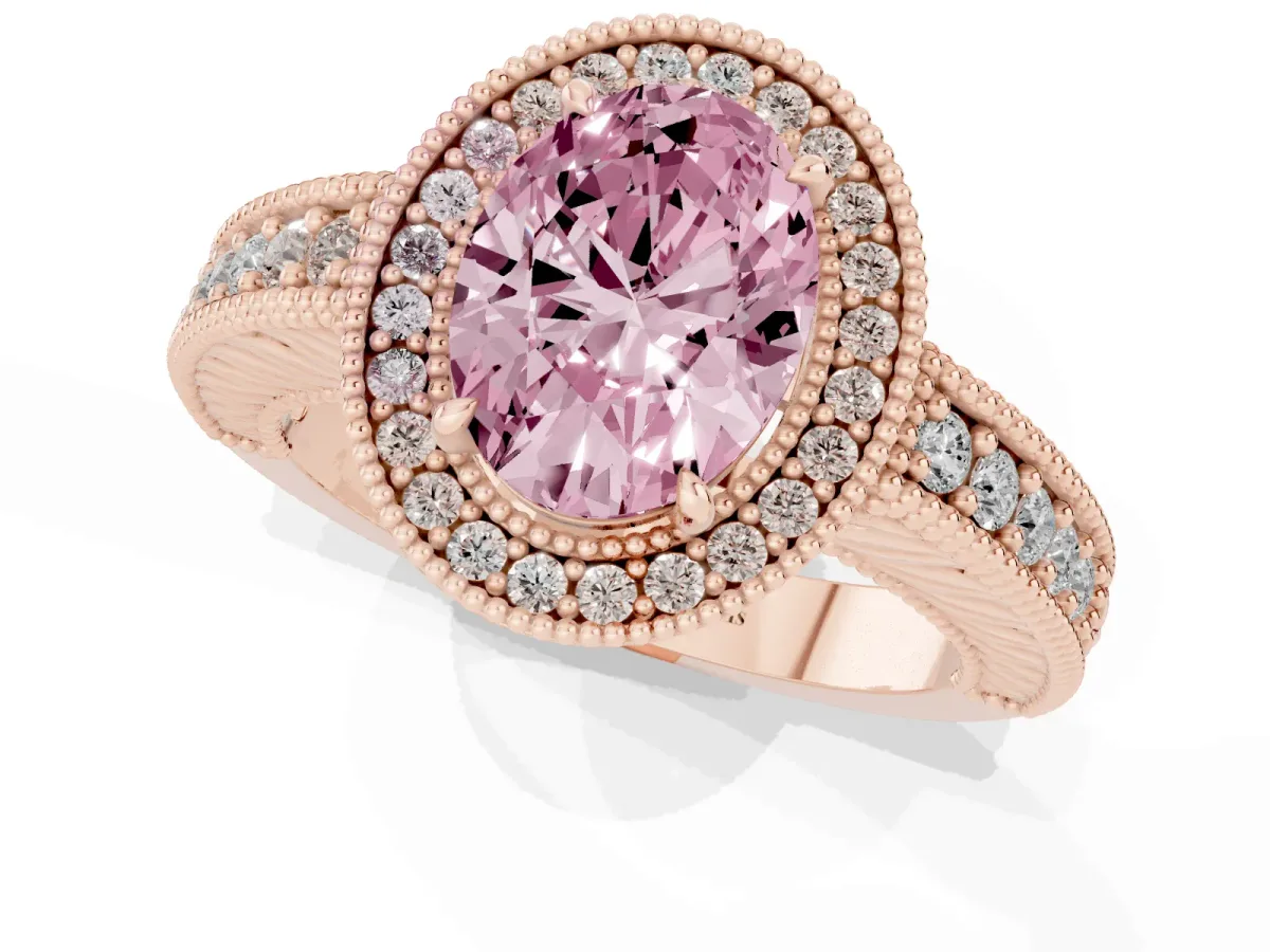 Fancy Pink Oval Cut Cut Halo Diamond Ring with Pavé Band and Four-Prong Setting Rose gold