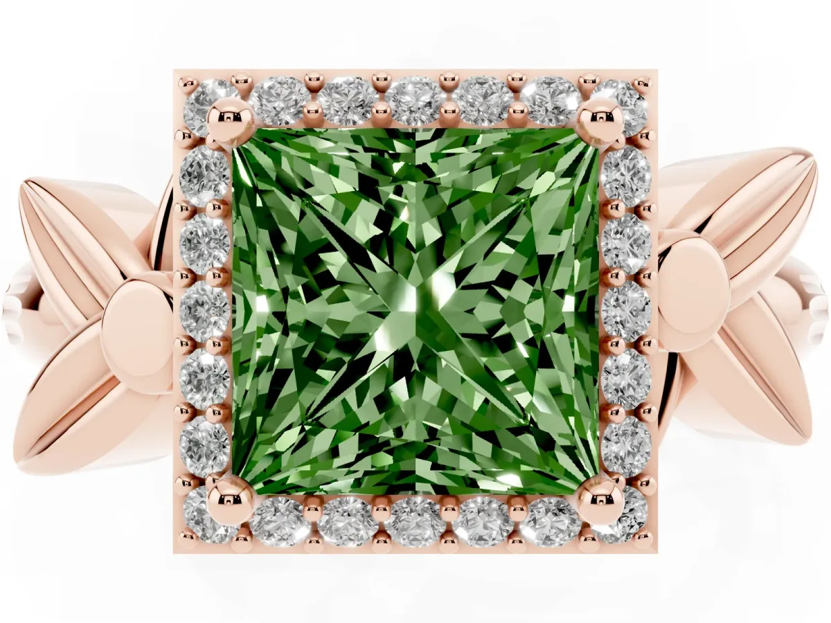 Fancy Green Princess Cut Halo Diamond Floral Band with Four-Prong Setting Rose gold